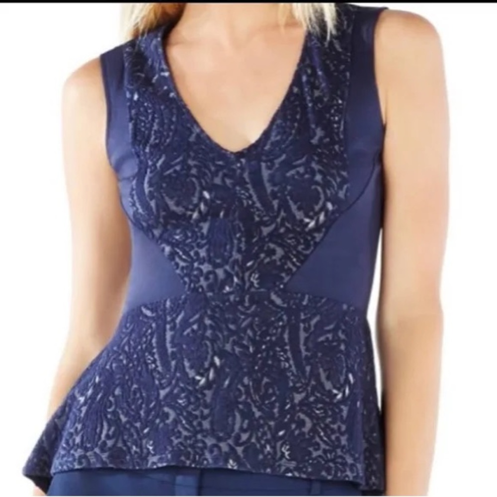 BCBGMAXAZRIA Blue Steffiana Lace Knit Jacquard Peplum Top